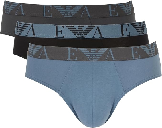 EMPORIO ARMANI UOMO SLIP TRI-PAC COLORE TEMPESTA, MAGNETE E NERO, CON ELASTICO A CONTRASTO LOGATO INTIMO E PIGIAMI UOMO