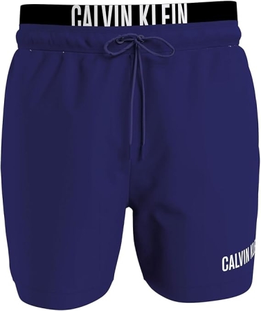 CALVIN KLEIN MEN'S SWIM BOXER WITH DRAWSTRING WAISTBAND IN BRIGHT BLUE WITH LOGO ON DOUBLE ELASTIC WAISTBAND COSTUMI MARE UOMO